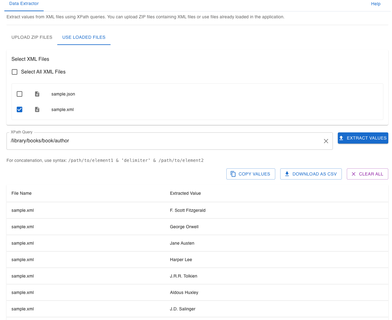 Data extractor interface showing XPath query capabilities and extraction results