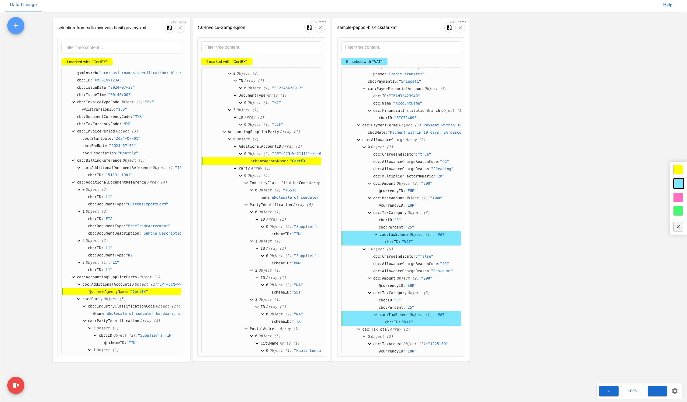 Interactive data lineage visualization showing how data flows and transforms through complex XML and JSON structures
