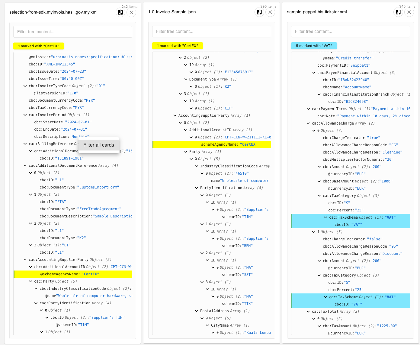 Filtered view of data lineage with highlighted data paths and transformation points for easy tracing