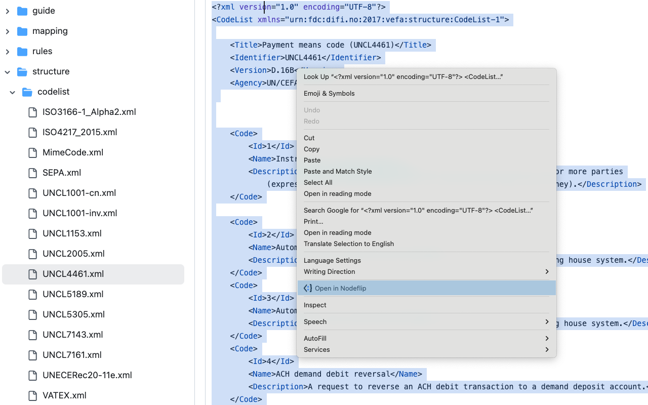 Chrome context menu showing 'Open in Nodeflip' option for selected XML/JSON content
