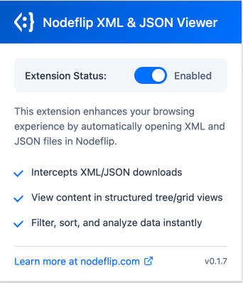 Nodeflip Chrome extension interface showing automatic XML and JSON download interception