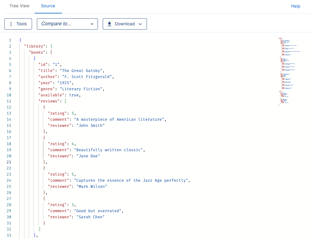 Advanced syntax highlighting for XML and JSON with color-coded elements, attributes, and values for improved readability