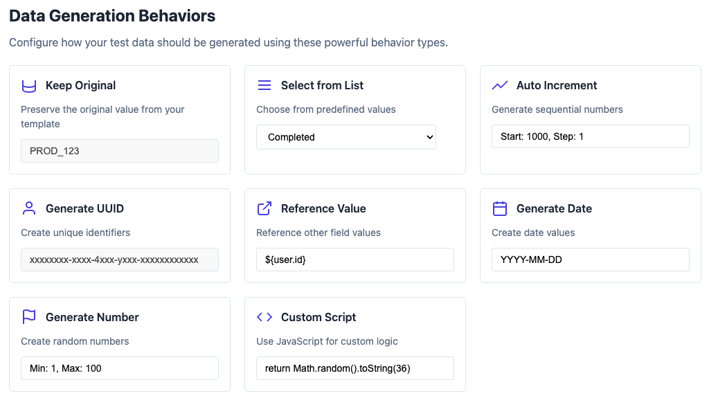 Interactive interface showing various data generation behaviors including Keep Original, Select from List, Auto Increment, UUID generation, and more