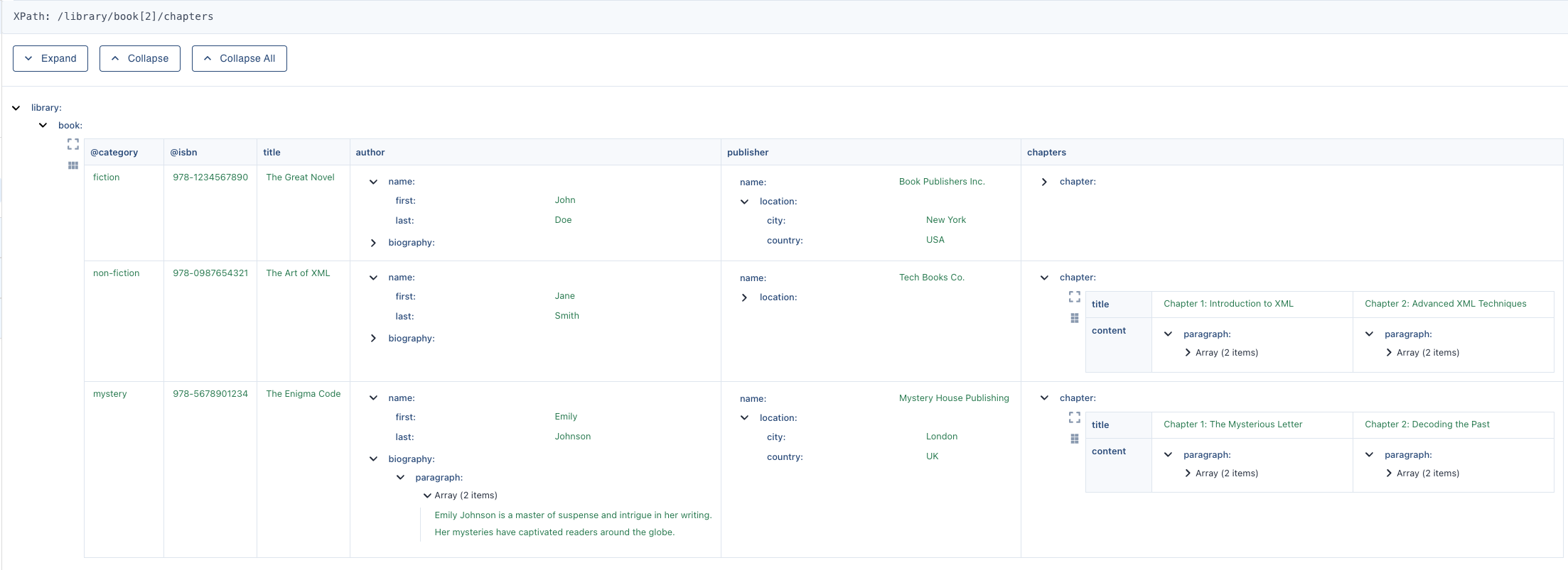 Hierarchical tree view interface for navigating complex XML and JSON structures with expandable nodes