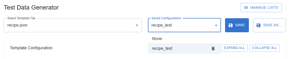 Test Data Saved Configurations